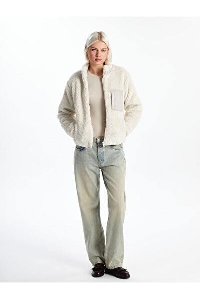 LC Waikiki Women's Plush Coat with Stand Collar Long Sleeves