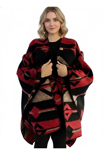 Exve Exclusive Red Beige Black Ethnic Patterned Anti-Pilling Wool Warm Unisex Camper Poncho Winter Shawl