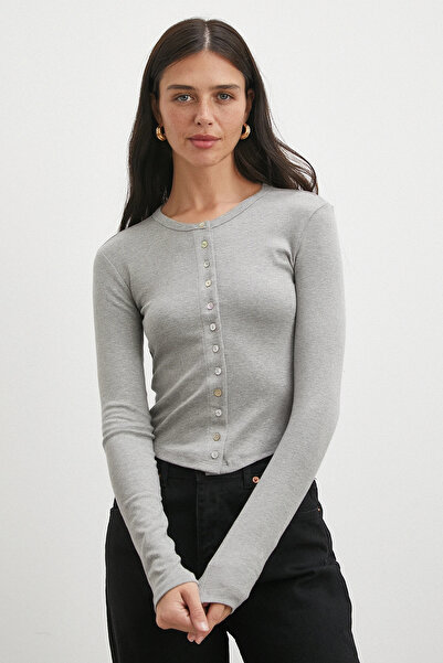 Never more Μπλούζα με μακριά μανίκια με κουμπιά γκρι