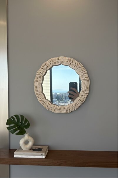 Marena Home Bambu Rattan Ayna 20 cm, El Yapımı, Bohem Tarz, Bambu Dekoratif D...