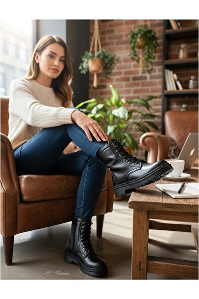 VeliKundura WANETTI SİYAH FERMUARLI&BAĞCIKLI KAUÇUK TABAN KADIN BOT