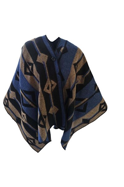 Exve Exclusive Blue Beige Black Ethnic Design Patterned Anti-Pilling Wool Warm Unisex Camper Poncho Winter Shawl