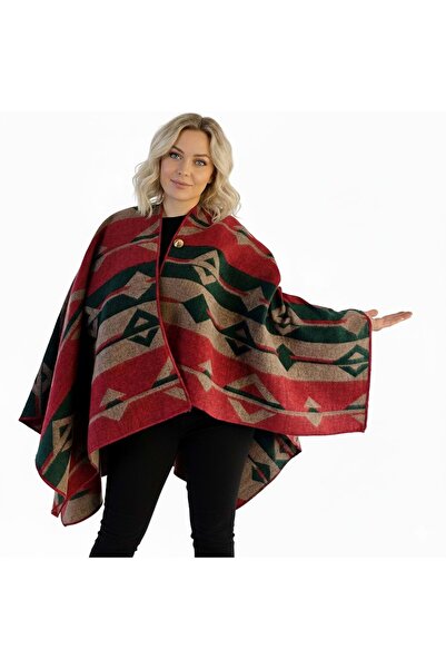 Exve Exclusive Green Beige Red Ethnic Patterned Anti-Pilling Wool Warm Unisex Camper Poncho Winter Shawl