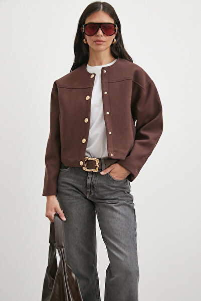 Never more Elastic Waist Buttoned Bomber Jacket Brown