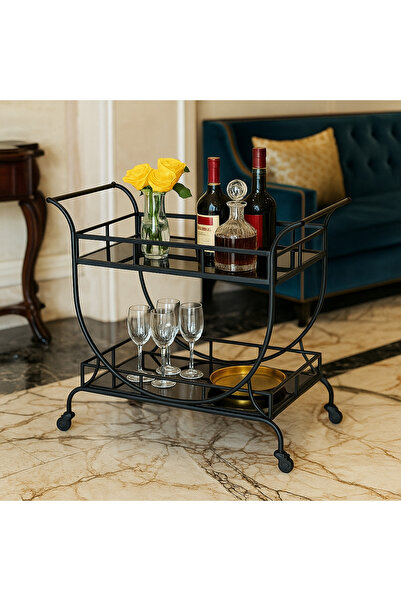 YINZUO 2-Tier Bar Cart with Black Glass Shelves and Welded Metal Frame No Assembly Required