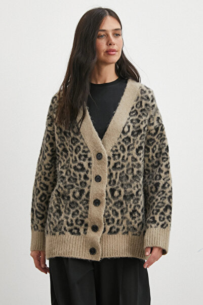 Never more Leopard Buttoned Cardigan Cream