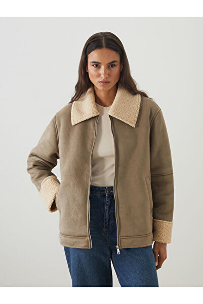 LC Waikiki Fur Collar Oversized Women's Suede Look Coat