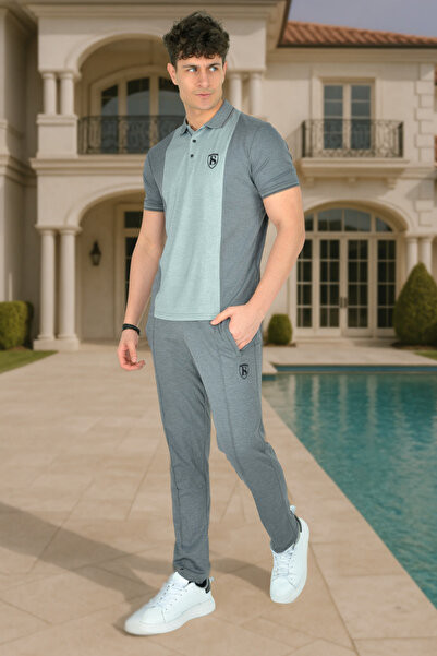 BESSA Gray Polo Neck T-Shirt Pants Two-Piece Set with Zipper Pockets Mercerized Fabric