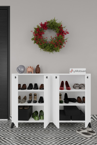 AYMOBSAN Artemis 4 Kapaklı 3 Raflı Ayakkabılık Beyaz