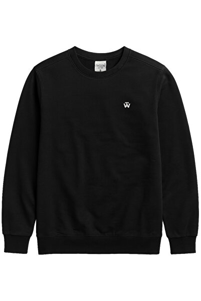 THE WOOW Unisex Basic Uzun Kollu Sıfır Yaka TW Baskılı Siyah Sweatshirt