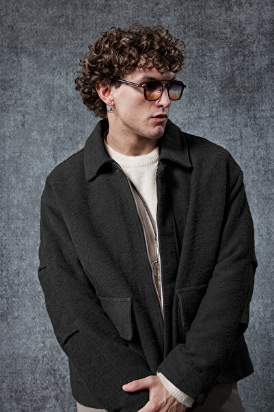 ablukaonline Men's Boxy Fit Relaxed Fit Patterned Jacket Black