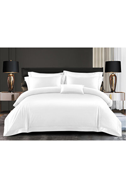 FIONNA.RO Fine Damask Bed Linen With Wide Striped Elastic - White