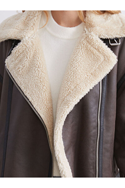 LC Waikiki Fur Collar Oversized Women's Suede Coat