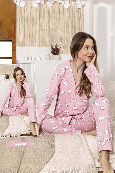 REMSA Women's Heart Pattern Buttoned Suprem Pajama Set 0392 Pink01