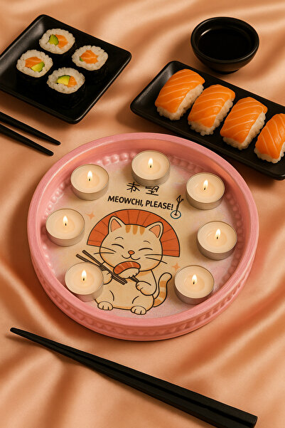 Phellos Decorative Candle Holder with Pink Cat and Sushi Figures, Jewelry Plate, Object,