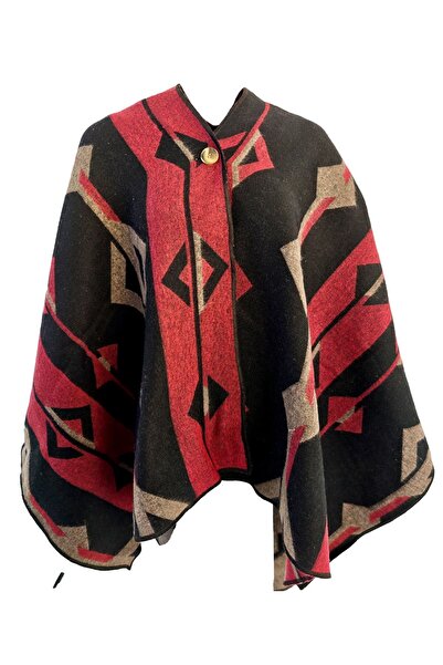Exve Exclusive Red Beige Black Ethnic Patterned Anti-Pilling Wool Warm Unisex Camper Poncho Winter Shawl