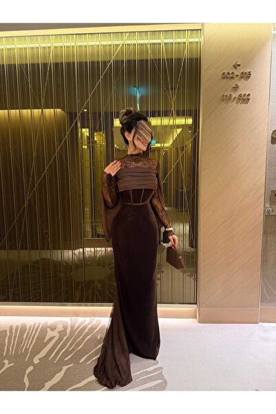 hind fashion فستان سهرة أنيق من الدانتيل البني والمخمل من