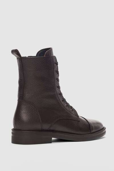 selin shoes Navira Genuine Leather Women's Boots with Laces and Side Zipper - Brown