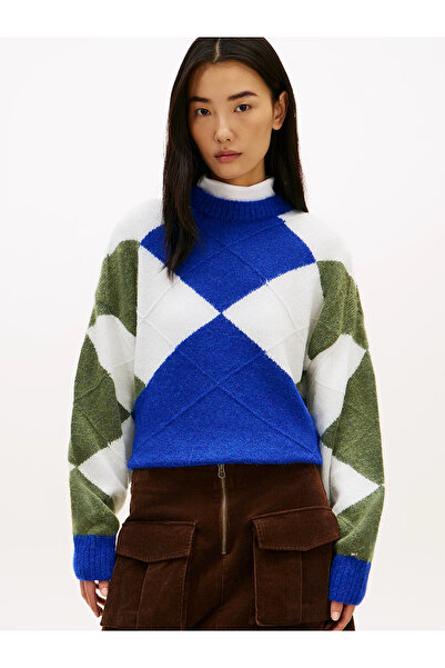 Tommy Hilfiger Alpaca Blended Argyle Pattern Crew Neck Long Sleeve Women's Blue Sweater Ww0Ww47464