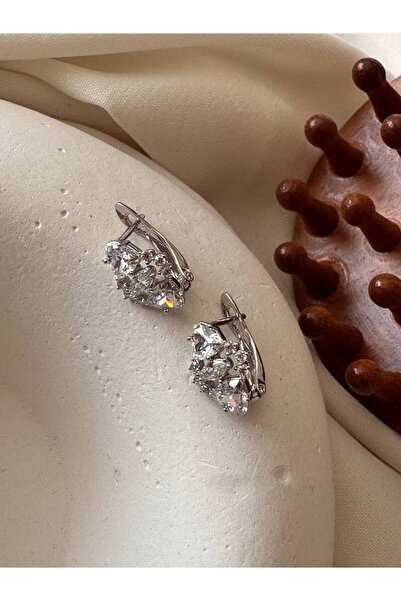 Esmeray Aksesuar Vip Çelik Gümüş Renk Zirkon Taşlı Tasarım Oval Halka Küpe Genişlik 1 cm.