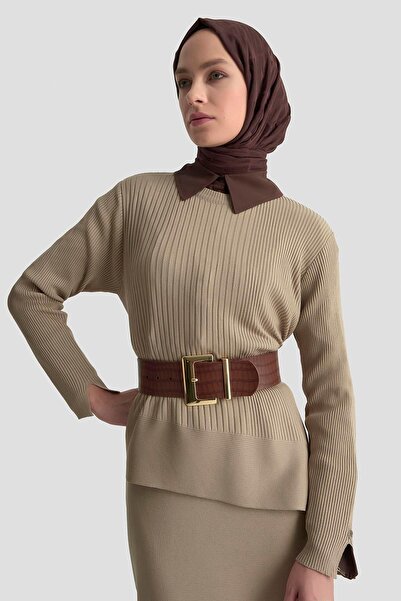 Armine TREND Asymmetric Cut Line Detailed Skirted Knitwear Double Suit Milk Coffee 25Ytd6119