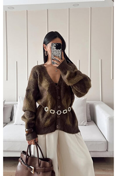 BE CHİC Women's V-Neck Buttoned Plaid Baglava Patterned Wool Casual Long Cardigan Mm9000