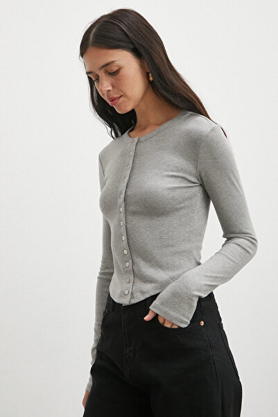 Never more Μπλούζα με μακριά μανίκια με κουμπιά γκρι