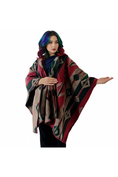 Exve Exclusive Green Beige Red Ethnic Design Patterned Woolen Warm Hooded Unisex Camper Poncho Winter Shawl