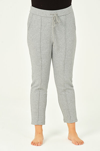 İntensive Gray Melange Three Thread Pleated Pocket Cotton Women's Plus Size Sweatpants