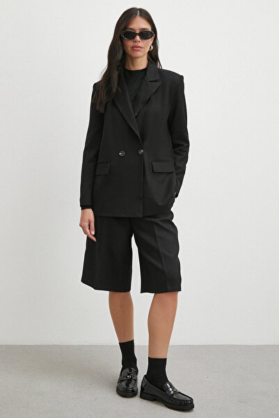 Never more Double Button Pocket Flap Blazer Jacket Black