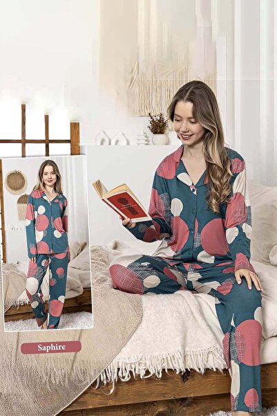 REMSA Women's Circle Pattern Buttoned Saphire Pajama Set 0390 Petrol