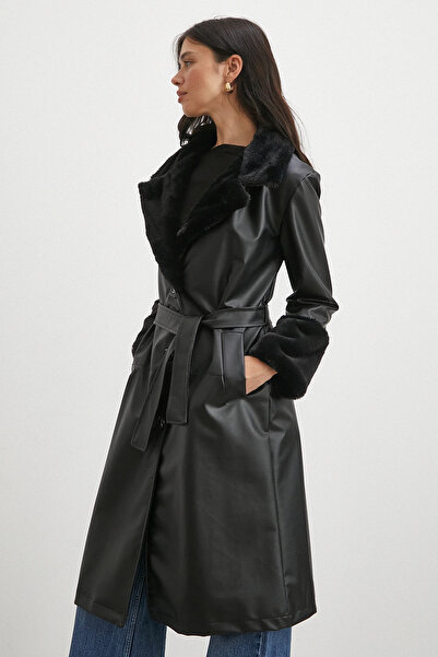 Never more Fur Belted Leather Coat Black