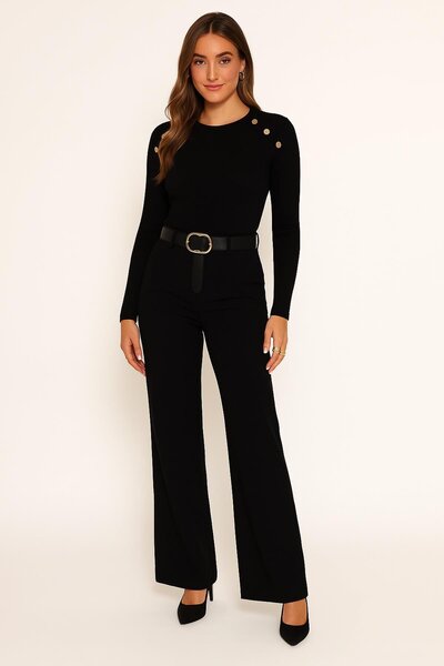 Fashion Friends Flexible Crew Neck Button Detailed Blouse Black