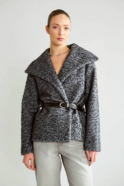 Robin M39185 Kemer Detaylı Kruvaze Yaka Kadın Buklet Mont