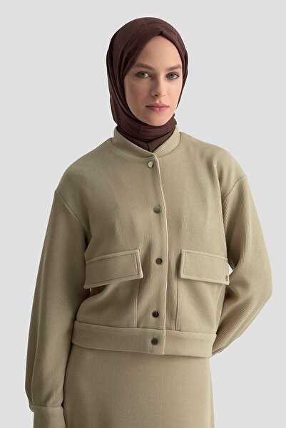 Armine TREND Corded Fabric Jacket with Glitter Snap Fastener Skirt Two-Piece Set Beige 25Kt644