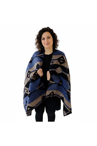 Exve Exclusive Blue Beige Black Ethnic Patterned Anti-Pilling Wool Warm Unisex Camper Poncho Winter Shawl