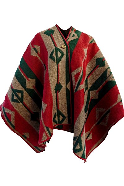 Exve Exclusive Green Beige Red Ethnic Design Patterned Anti-Pilling Wool Warm Unisex Camper Poncho Winter Shawl