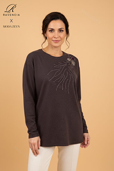 Ravencia Women's Drop Patterned Stoned Stretch Fabric Slit Wool Mother Combed Cotton Blouse