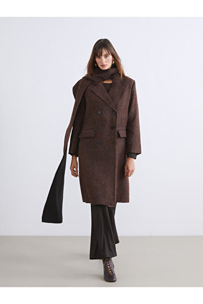 LC Waikiki Brown Double-Breasted Women's Coat with Collar Scarf