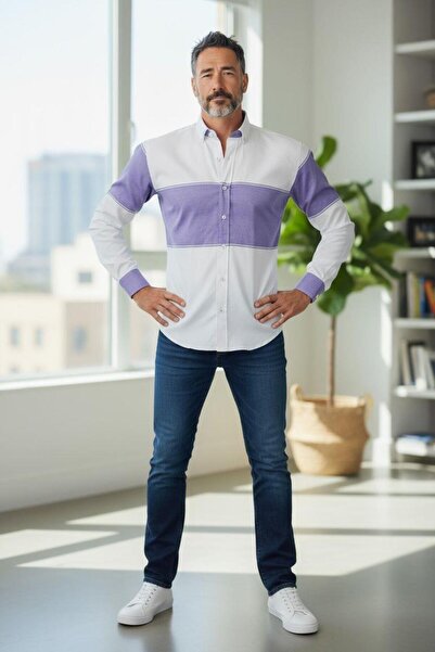 EREN STYLE Cămașă clasică cu mânecă lungă, 100% bumbac, fără transpirație, din țesătură de flanel de iarnă, cu dungi în 2 culori (model obișnuit)