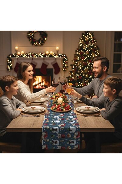 Salestore.ro Față de masă impermeabilă, 180x40cm, bumbac, cu imprimeu 3D de Crăciun, rezistentă la pete/murdărie, albastră