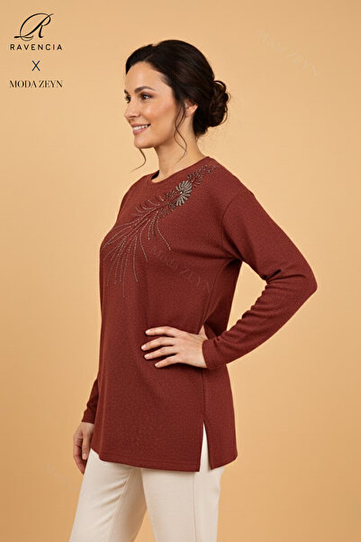 Ravencia Women's Drop Patterned Stoned Stretch Fabric Slit Wool Mother Combed Cotton Blouse