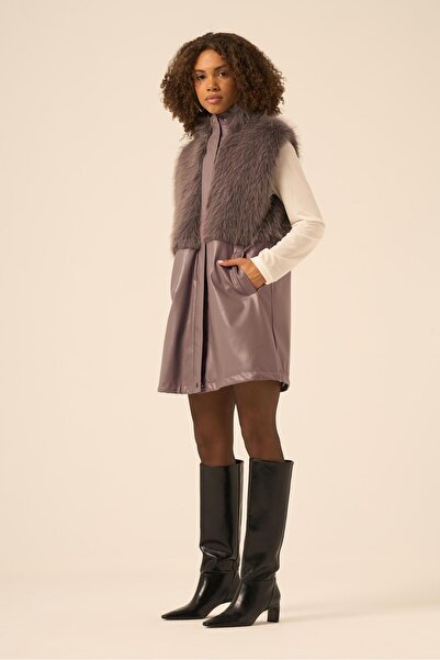 FTZ WOMEN Women's Plush Detailed Leather Vest Smoked 31243