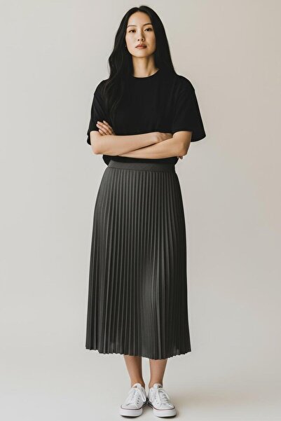 EREN STYLE Pleated Cotton Woven Viscose Winter Skirt(95 cm)
