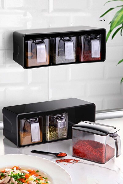 Asi Home Spice Container Set, 7 Pieces, Black/Silver, Plastic