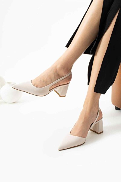 TubiBella Krem Renkli Kare Topuklu Saten Kadın Stiletto