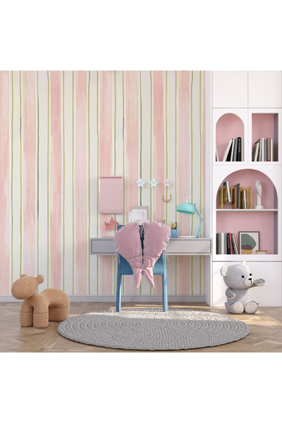 Tasarım Pembe Şeritler Suluboya Çalışması Bordür Bebek Çocuk Odası Duvar Kağıdı