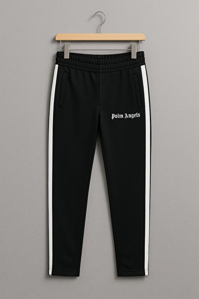 YusGos Cotton Fabric Embossed Striped Elastic Waist Tight Zippered Leg Detail Sports Sweatpants