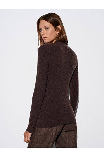 Dilvin 10841 Mock Neck Cashmere Ultra Light Knitwear Sweater-Brown M.