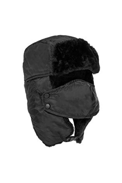 Silver Star Black Trapper Hat with Faux Fur & Face Mask for Men
